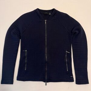 BOSS Hugo Boss Slim Fit Dark Blue Full-Zip Textured Blouson Cotton Blend Jacket